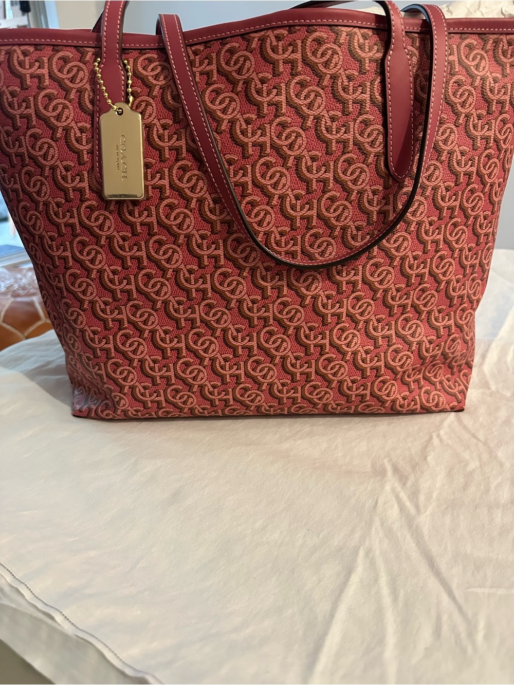 Coach Pink Monogram Jacquard Large Tote with Leather Trim